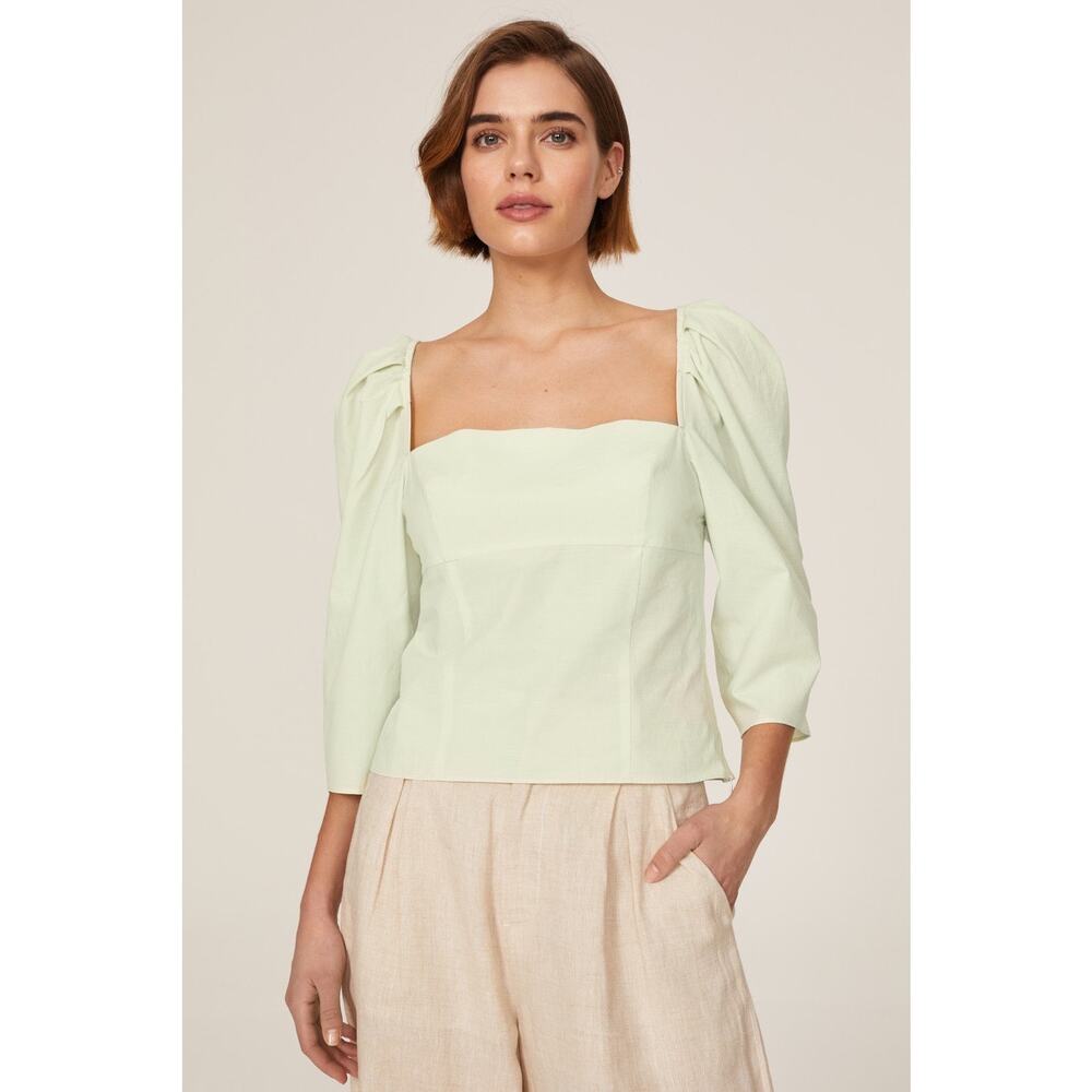 VINCE Green Cotton Square Neckline Three-Quarter Sleeves Draped Top Size 12
